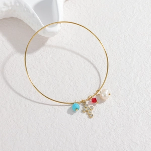18K vergoldetes Armband mit Kreuzanhänger, Türkisperle und Barockperle für Damen