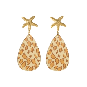 Boucles d'oreilles étoile de mer dorées avec pendentifs goutte d'eau imprimé léopard