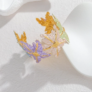 Exaggerated wide stainless steel open bangle with colorful floral enamel drip oil details