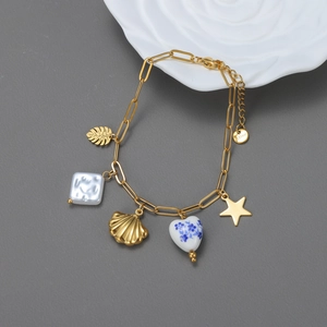 Ocean Charm Bracelet Stainless Steel Gold Plated Shell Heart Star Leaf Pendants Porcelain Beads Jewelry For Women