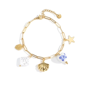 Gold stainless steel ocean charm bracelet with ceramic heart and seashell pendants