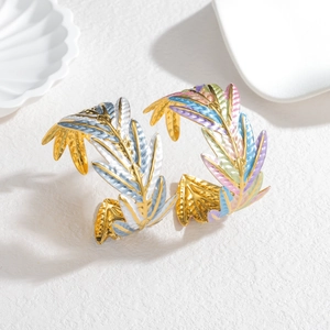 Fashionable adjustable stainless steel open bangles with colorful enamel leaf design