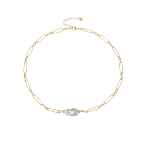 Baroque pearl necklace with textured 18k gold plated oval link chain on white background