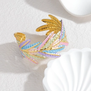 Chic gold-plated open cuff bracelet with colorful enamel leaf design and intricate cutouts