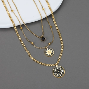 Vintage Multilayer Necklace Stainless Steel Gold Plated Celestial Star Moon Phase Pendant Layered Jewelry For Women