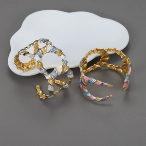 Stainless Steel Enamel Cuff Bracelet Wide Wave Pattern Open Bangle Stylish Jewelry For Women