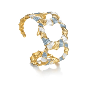 Wide hollow stainless steel open cuff bracelet with wavy texture and enamel finish