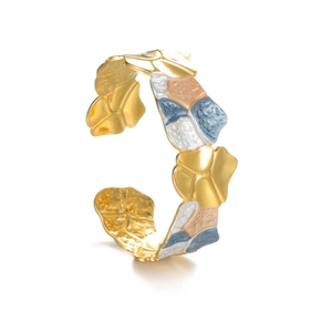 Artistic 18k gold plated stainless steel open bangle with multi-color enamel inlay