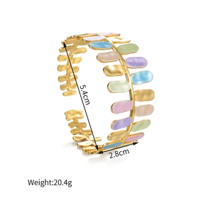 Golden stainless steel open cuff bracelet with colorful enamel leaf design and 5.4cm diameter
