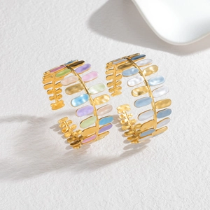 Fashionable adjustable stainless steel open bangles with colorful enamel floral leaf designs