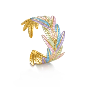 Golden irregular leaf cuff bracelet with colorful enamel inlay in soft pastel tones