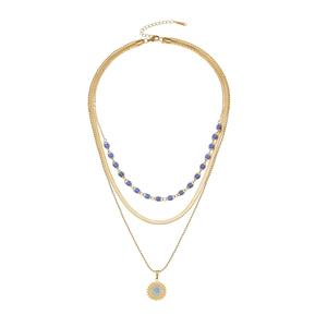 Collier doré multi-rangs avec œil porte-bonheur et pendentif soleil boho