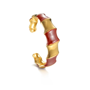 Vintage bamboo style open bracelet with red enamel inlay and gold-tone finish
