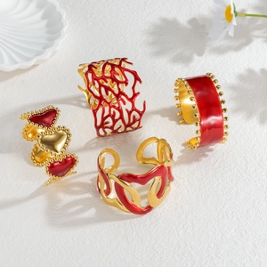 Stainless Steel Cuff Bracelet Women Red Enamel Coral Branch Hollow Heart Open Adjustable Bangle Retro Marine Style