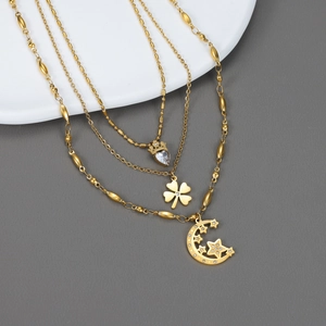 Multi Layer Necklace 18K Gold Plated Stainless Steel Heart Crown Clover Moon Star Zirconia Pendants Bohemian For Women