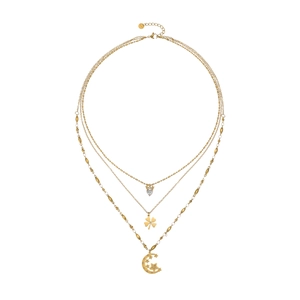Three-layer 18k gold plated necklace with clover, heart, and star-moon pendants