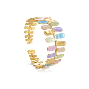Adjustable gold stainless steel open bangle featuring colorful enamel flower leaf designs