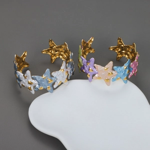 Enamel Stainless Steel Starfish Open Cuff Bracelet Gold Plated Marine Theme Adjustable Summer Holiday Jewelry For Women
