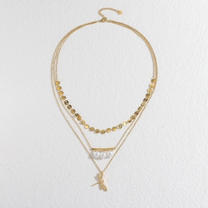 Three-layer stainless steel necklace with dragonfly pendant, pearls and sequins in gold