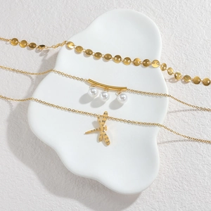 Three-layer gold stainless steel necklace set with dragonfly pendant and pearls