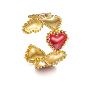 Golden heart-shaped open ring with red enamel details and elegant beaded edge decoration
