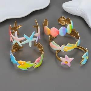 Stainless Steel Cuff Bracelet Colorful Enamel Sea Starfish Shell Fish Design Beach Holiday Style Open Bangle For Women