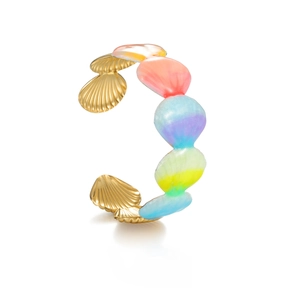 Colorful starfish sea shell open cuff bracelet with gold metal base for beach vacations