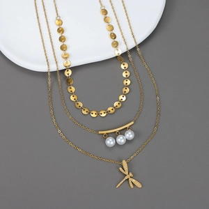 Triple Layered Stainless Steel Necklace With Dragonfly Pendant Rhinestone Accents And Imitation Artificial Pearls Sequin Chain For Women