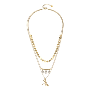 Three-layer stainless steel dragonfly pendant necklace with pearls and sparkling crystals