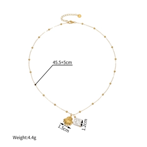 Gold beaded chain necklace featuring a shell pendant and white square pearl charm