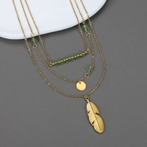 Collana A Strati Bohémien Acciaio Inossidabile Perline Verdi Piuma Pendente A Disco Tondo Gioielli Vintage Per Donna