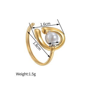 Detail of 18k gold plated stainless steel open ring with pearl showing size dimensions