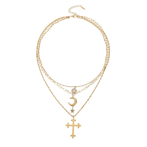 Three-layer gold necklace with moon, star, and cross pendants with sparkling zircon