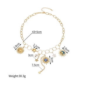 Gold-plated stainless steel chain necklace with sun and star pendants and dimensions