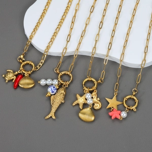 Stainless Steel Ocean Theme Pendant Necklace Gold Plated Sea Turtle Starfish Shell Faux Artificial Pearl Paperclip Chain Jewelry