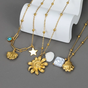Gold Plated Stainless Steel Necklace With Shell Flower Faux Artificial Pearl Pendants Delicate Minimalist Jewelry For Women