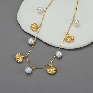 Vintage Shell Artificial Pearl Necklace Gold Plated Stainless Steel Marine Style Jewelry For Women Retro Elegant