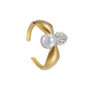 Irregular matte gold open ring featuring a white pearl and rhinestone heart motif