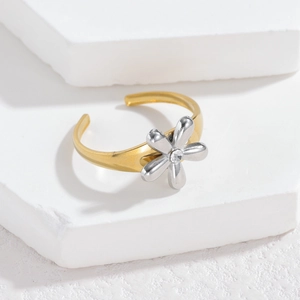 Minimalist adjustable two-tone ring with 3D silver flower on golden band