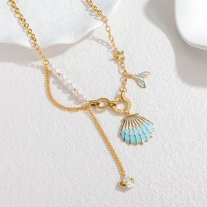 Gold-plated ocean theme necklace with blue shell fish tail charms and white pearls