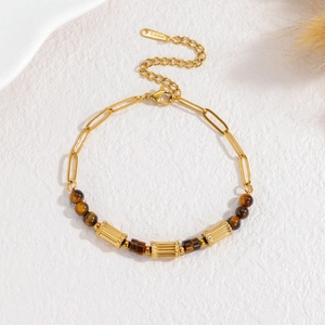 Collier bohème rétro en acier inoxydable doré avec perles cylindriques marron chic