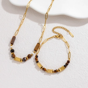 Parure vintage collier et bracelet chaîne trombone dorée avec perles en oeil de tigre