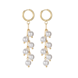 Elegant 18K gold plated stainless steel long tassel drop earrings with white pearls