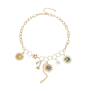 Golden sun and star multi-pendant necklace with chunky chain and blue crystal detail