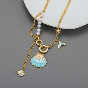 Ocean Shell Starfish Fish Tail Pendant Necklace Stainless Steel Faux Artificial Pearls Blue Enamel Beach Vacation Jewelry For Women