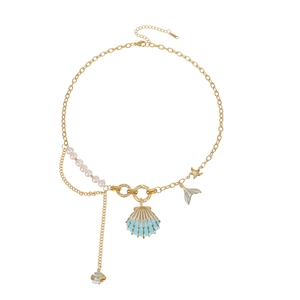 Gold stainless steel shell necklace with pearl and starfish charms for beach holiday