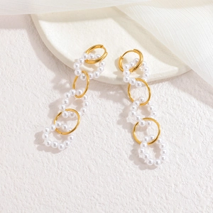 Bohemian 18k gold plated stainless steel long drop earrings with elegant white pearls