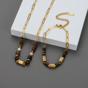 Collier Perles Pierre Oeil De Tigre En Acier Inoxydable Plaqué Or 18K Pour Femmes Style Rétro Charme Colonne Géométrique