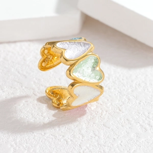 18k gold heart-shaped enamel open ring for women with colorful adjustable band