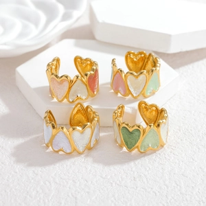 18k gold plated stainless steel heart rings with colorful enamel inlays for women